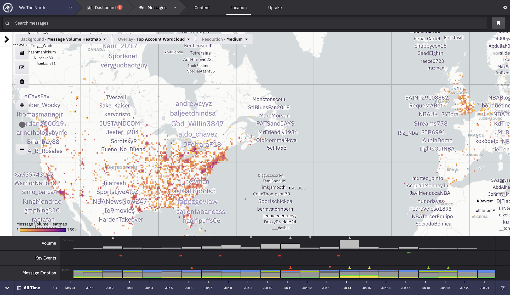 Heatmap of social media message volume across North America and Western Europe